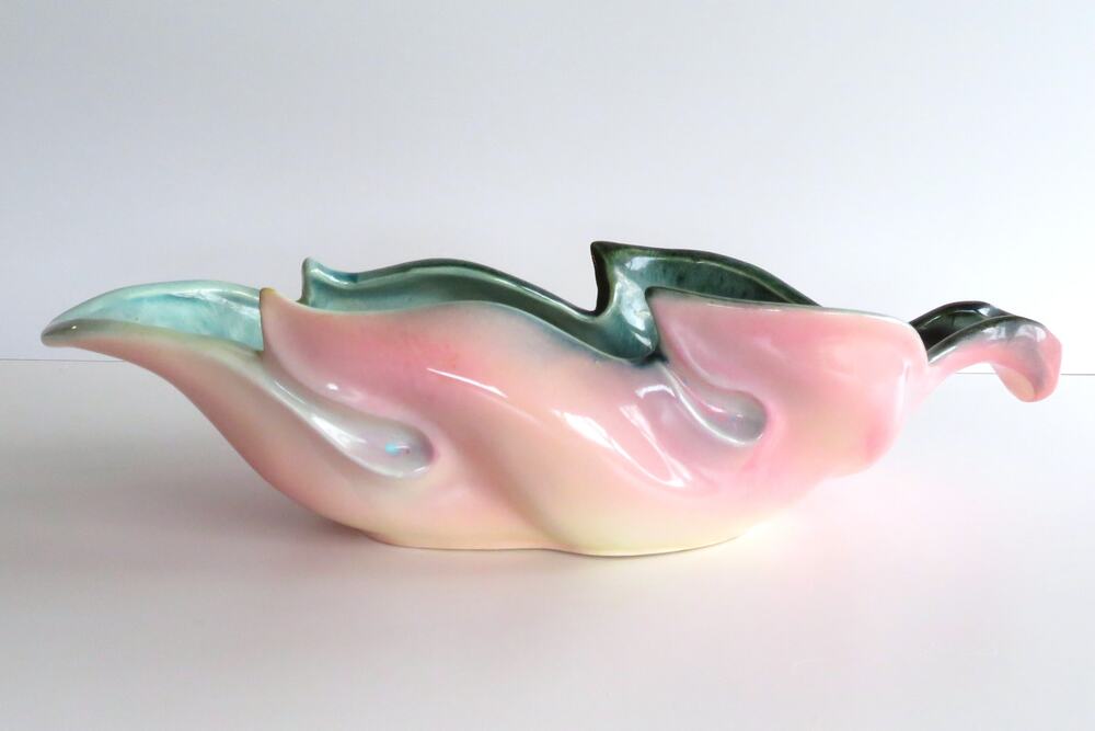 Vintage Hull Leaf Console Bowl USA 78 Pink and Green MCM Art Pottery Centerpiece